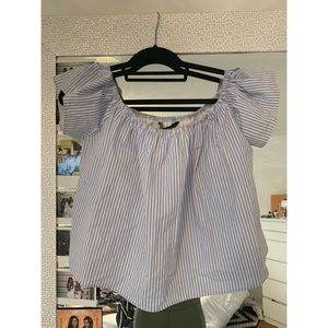 Zara Blue and White Striped Off Shoulder Top Small
